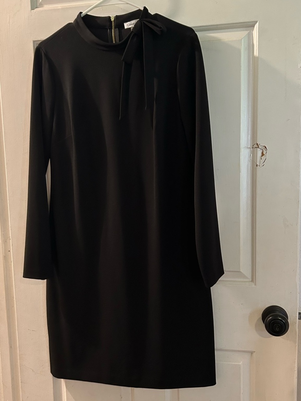 Calvin Klein Black Long-Sleeve Shift Dress with Neck Tie